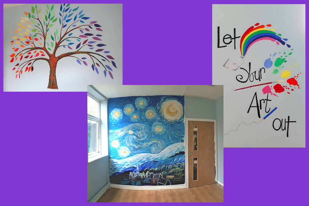 Art room commissioned by Weston Point College, Runcorn. Colour wheel tree, Starry Night inspired wall and inspirational quote.